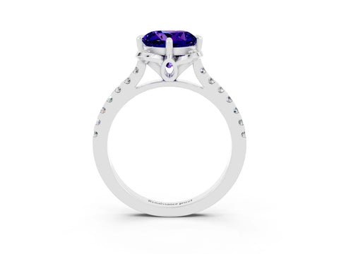 White gold Round Cut Tanzanite Ring with Pavé Band and Floral Prong Setting_3