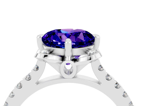 White gold Round Cut Tanzanite Ring with Pavé Band and Floral Prong Setting_4