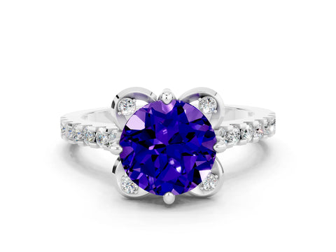 White gold Round Cut Tanzanite Ring with Pavé Band and Floral Prong Setting