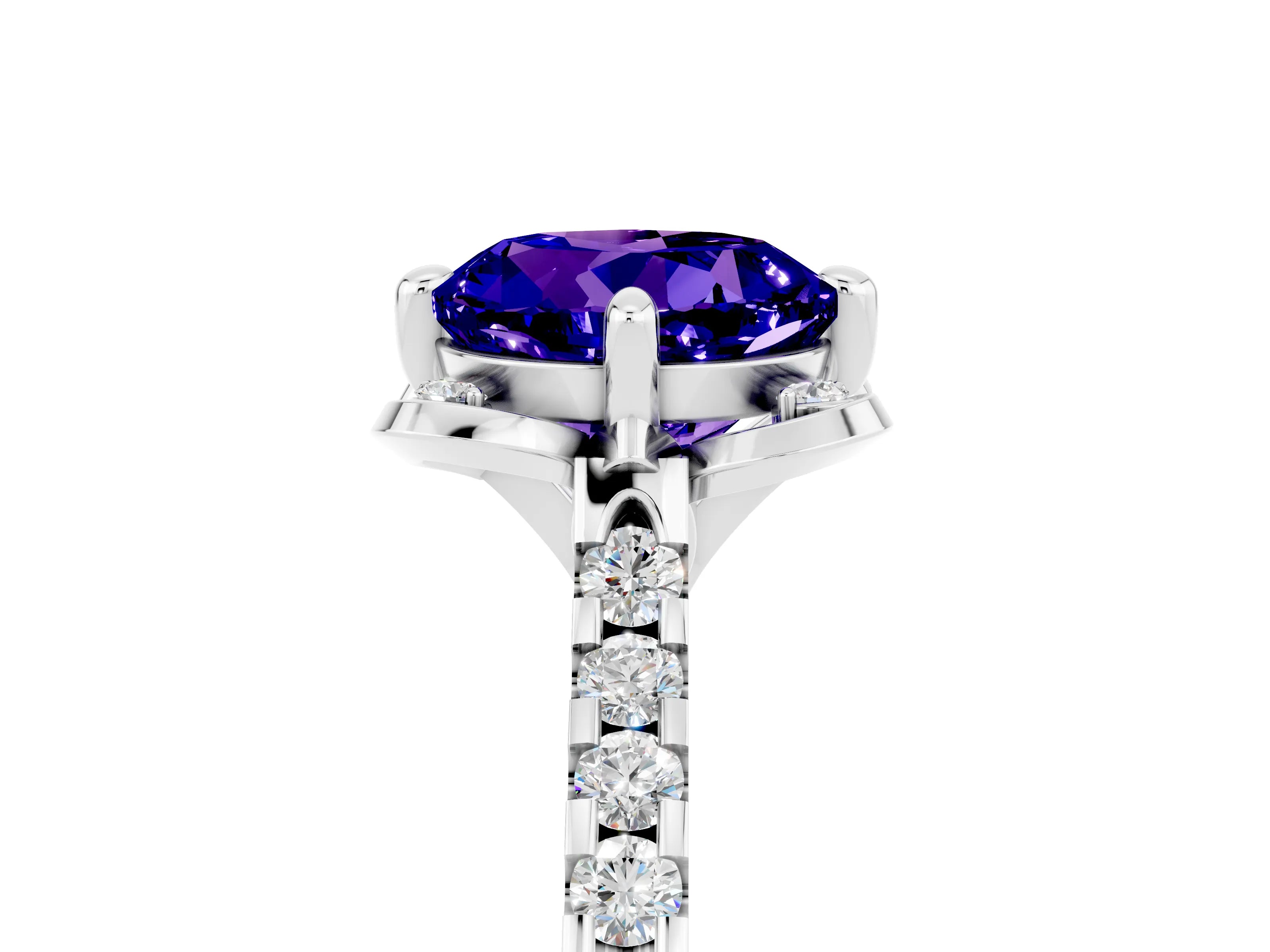 White gold Round Cut Tanzanite Ring with Pavé Band and Floral Prong Setting_5