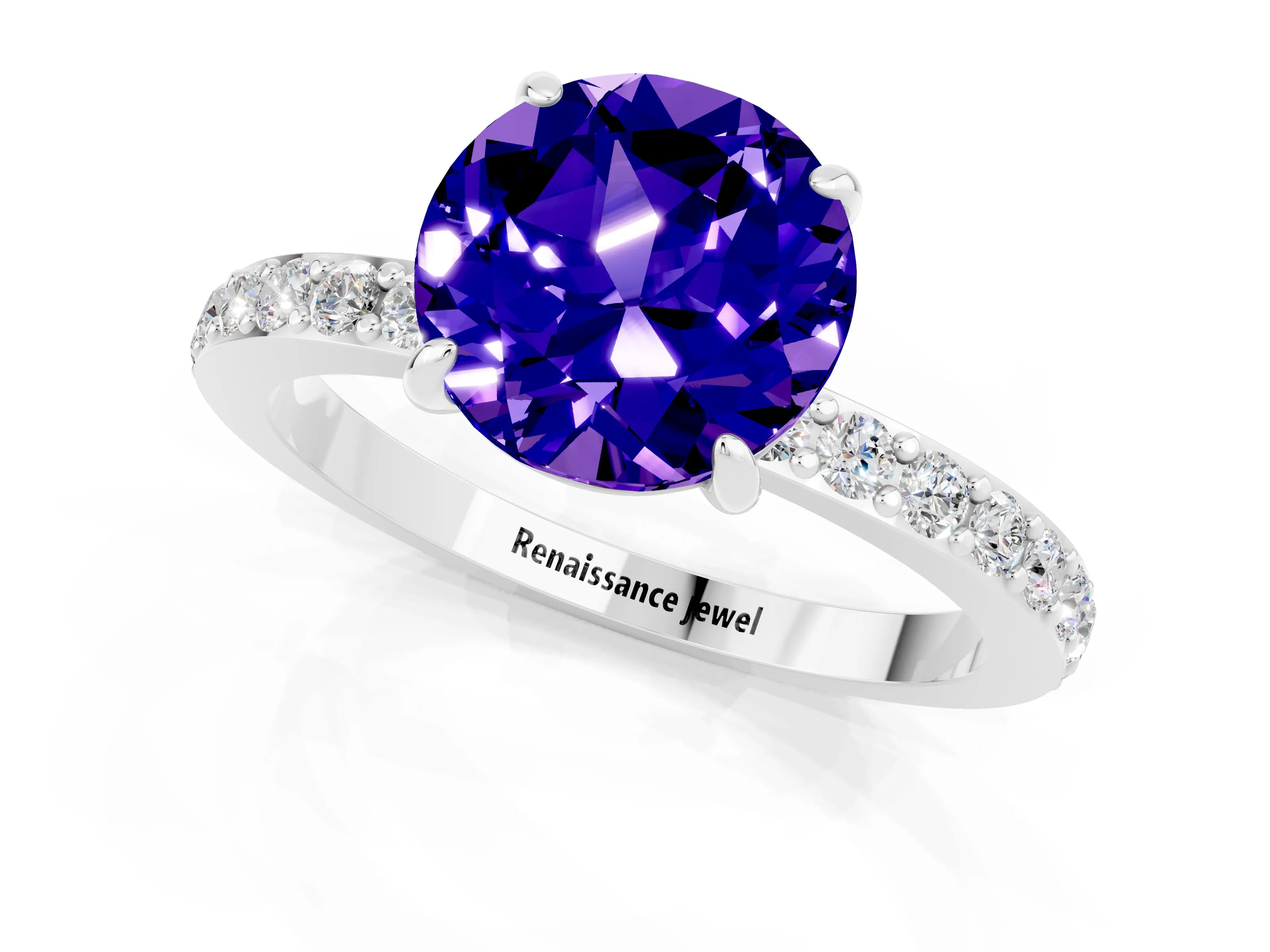 White gold Round Cut Tanzanite Ring with Pavé Band and Four-Prong Setting_1