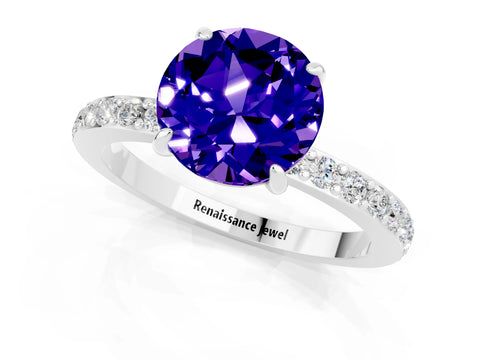 White gold Round Cut Tanzanite Ring with Pavé Band and Four-Prong Setting_1