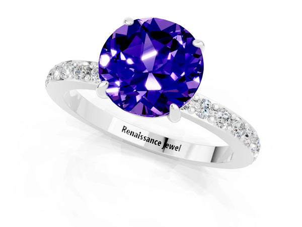 White gold Round Cut Tanzanite Pavé Engagement Ring with Round  Accents and Prong Setting