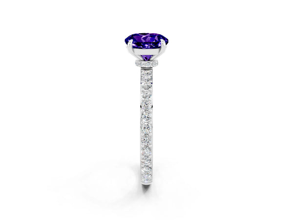 Platinum Round Cut Tanzanite Pavé Engagement Ring with Round  Accents and Prong Setting