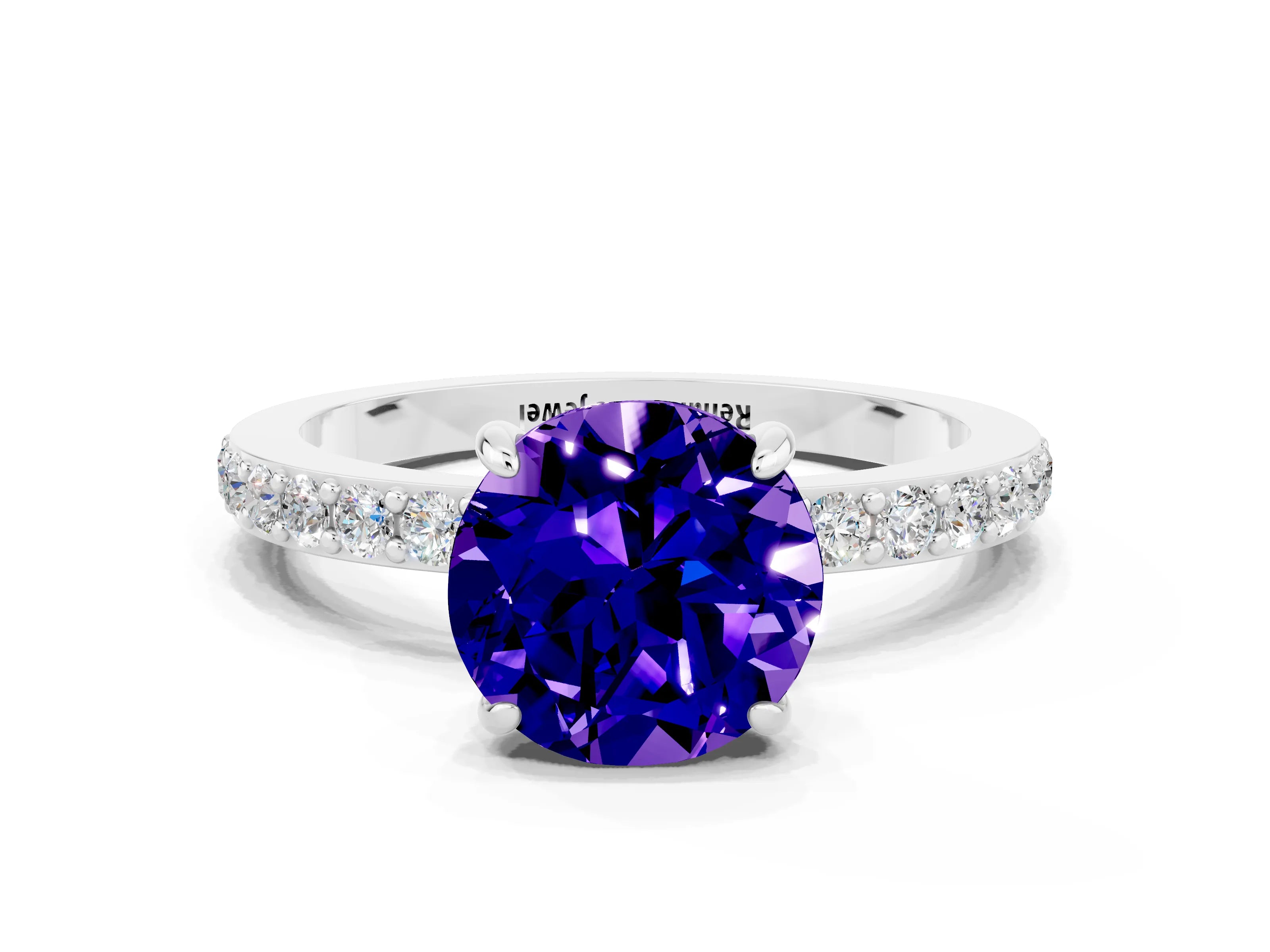 White gold Round Cut Tanzanite Ring with Pavé Band and Four-Prong Setting