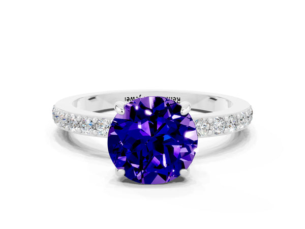 Silver Round Cut Tanzanite Pavé Engagement Ring with Round  Accents and Prong Setting