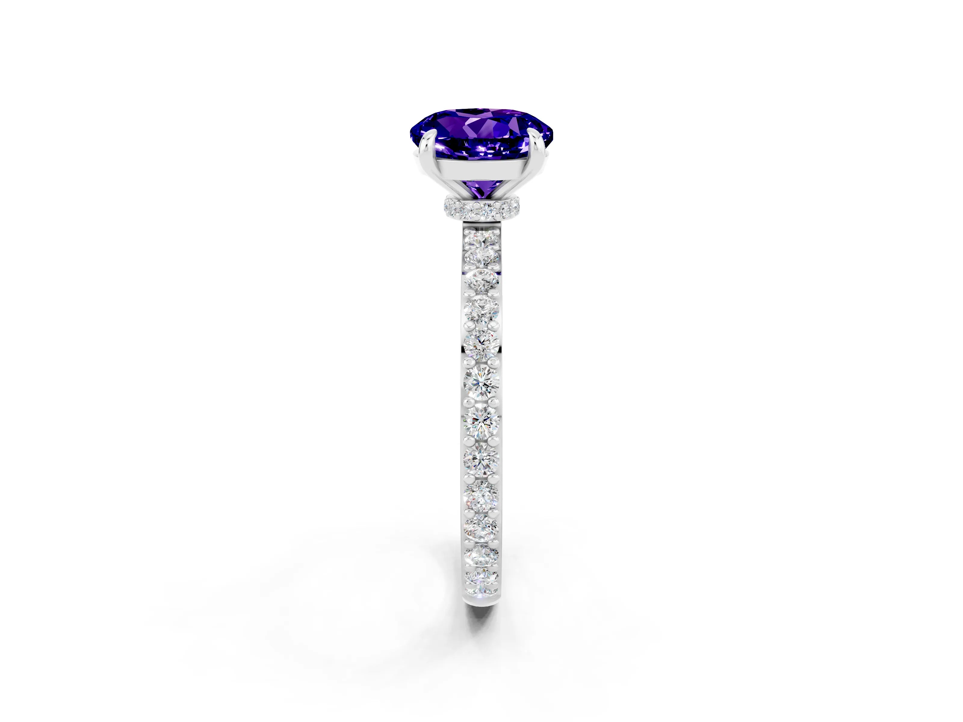 White gold Round Cut Tanzanite Ring with Pavé Band and Four-Prong Setting_2