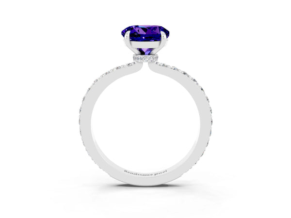 Platinum Round Cut Tanzanite Pavé Engagement Ring with Round  Accents and Prong Setting