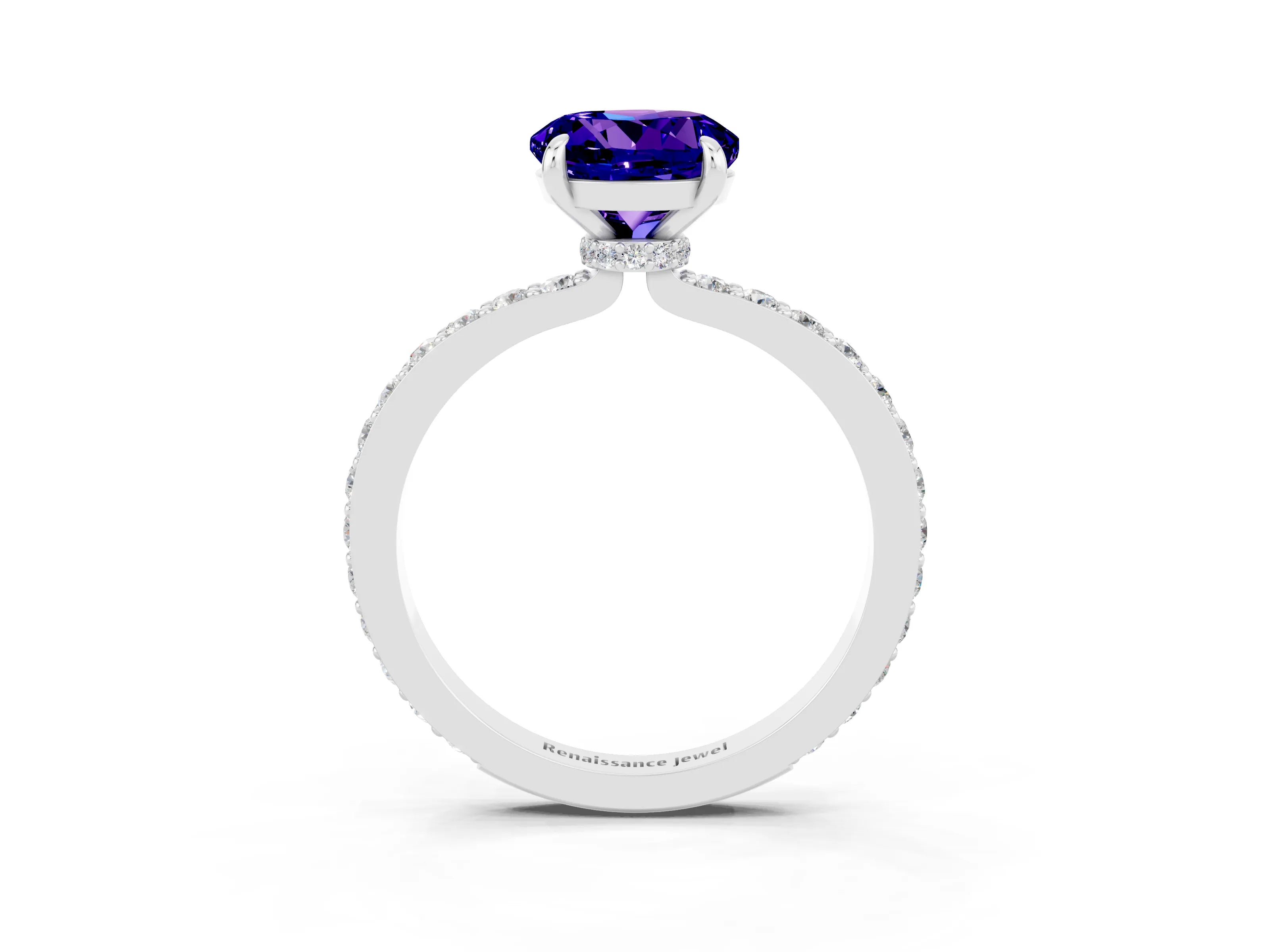 White gold Round Cut Tanzanite Ring with Pavé Band and Four-Prong Setting_3