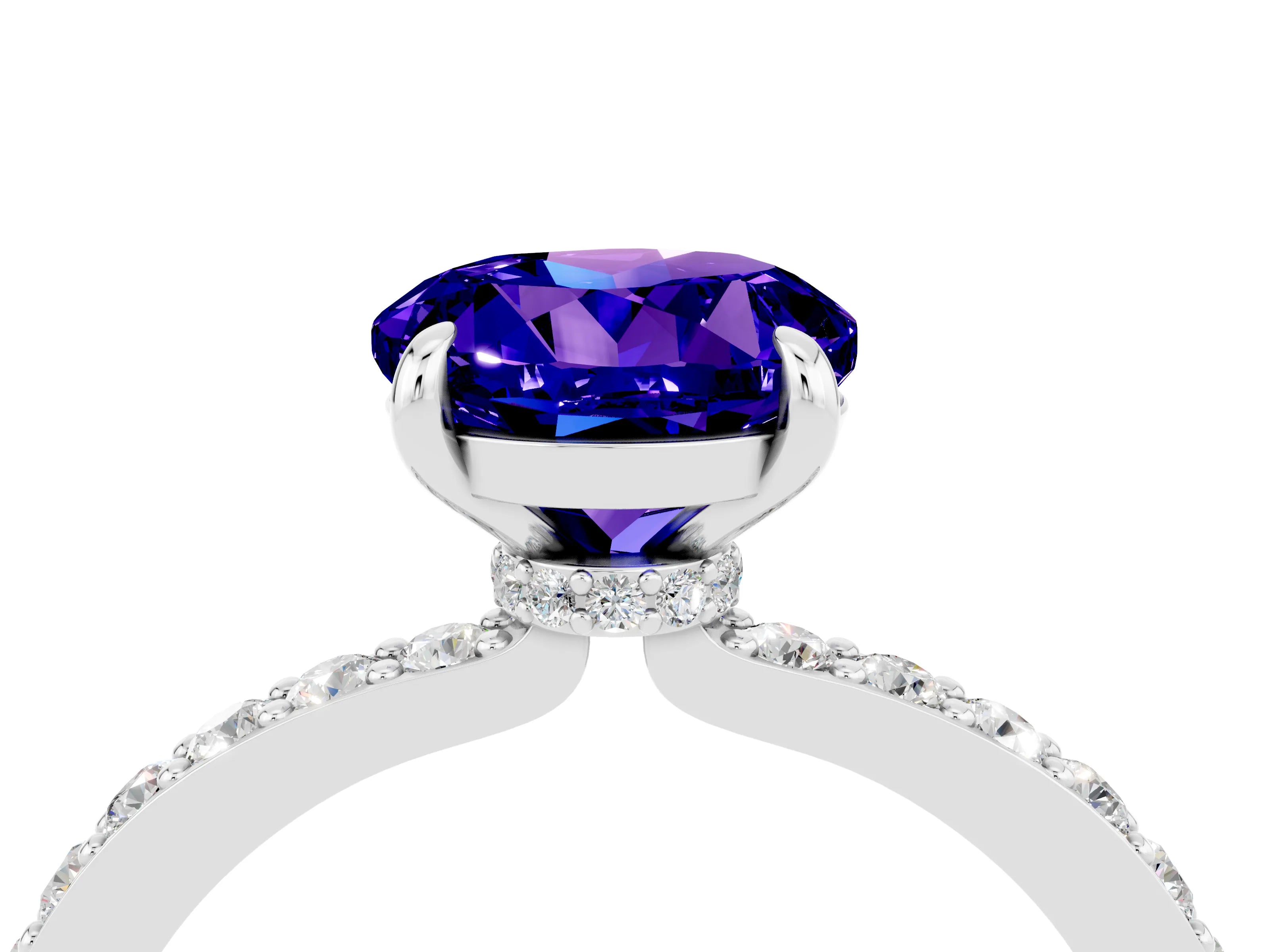 White gold Round Cut Tanzanite Ring with Pavé Band and Four-Prong Setting_4