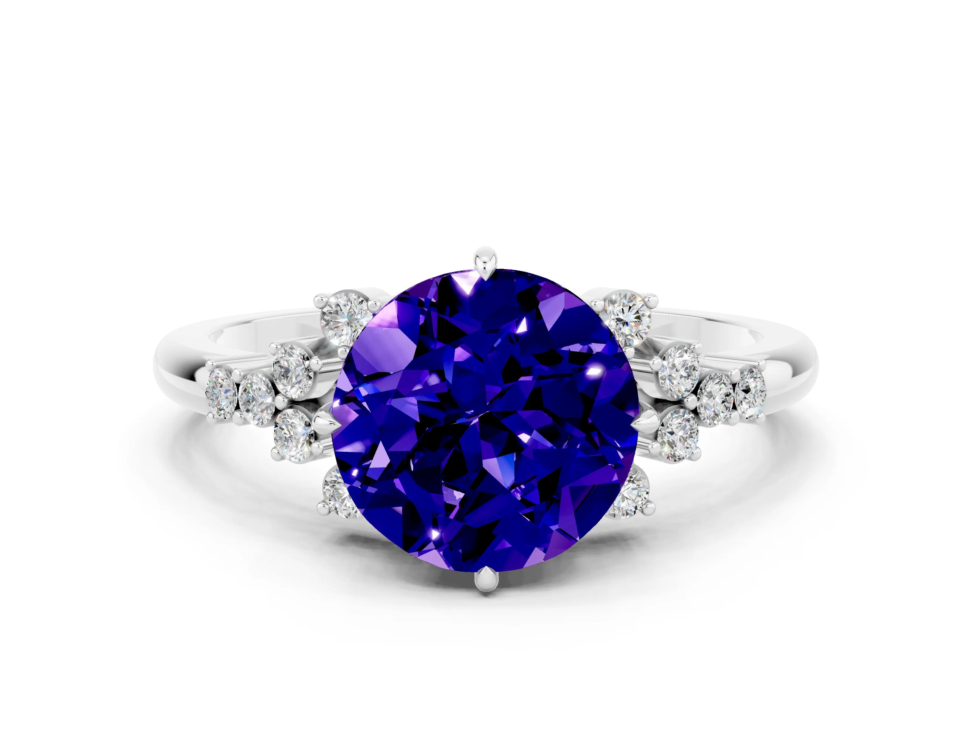 White gold Round Cut Tanzanite Ring with Side Stones and Four-Prong Setting_36