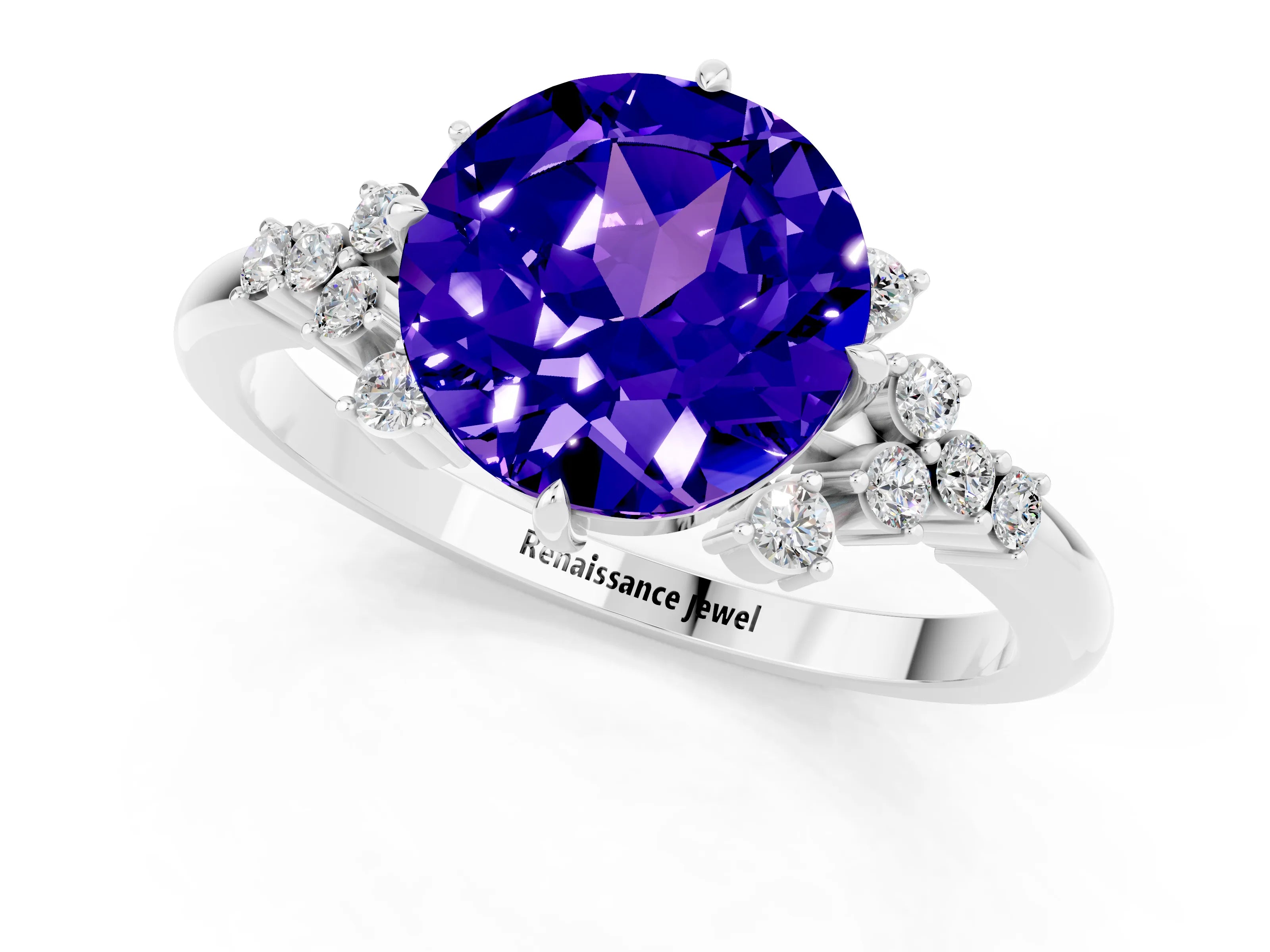 White gold Round Cut Tanzanite Ring with Side Stones and Four-Prong Setting_37