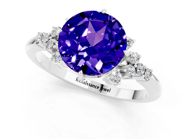 Platinum Round Cut Tanzanite Ring with Side Stones and Four-Prong Setting
