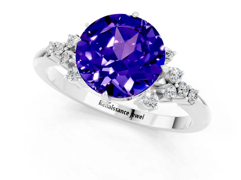 White gold Round Cut Tanzanite Ring with Side Stones and Four-Prong Setting_37