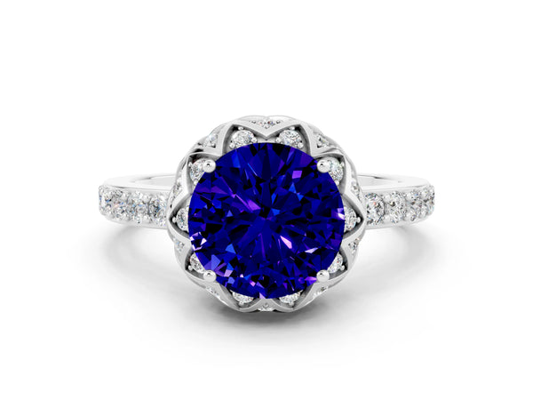 Platinum Round Cut Tanzanite Scalloped Halo Engagement Ring with Round Shared Prong Band