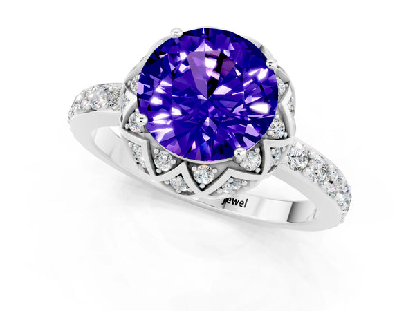 Platinum Round Cut Tanzanite Scalloped Halo Engagement Ring with Round Shared Prong Band