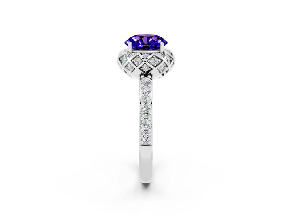 Silver Round Cut Tanzanite Scalloped Halo Engagement Ring with Round Shared Prong Band