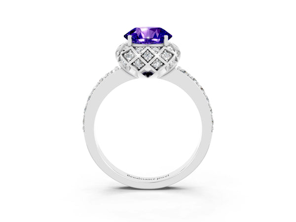 Platinum Round Cut Tanzanite Scalloped Halo Engagement Ring with Round Shared Prong Band