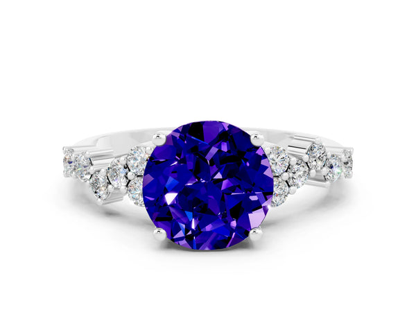 Platinum Round Cut Tanzanite Scattered Round Accent Ring with Prong Setting
