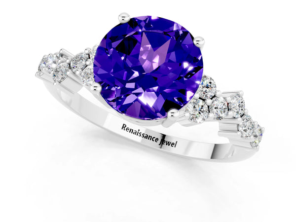 Platinum Round Cut Tanzanite Scattered Round Accent Ring with Prong Setting