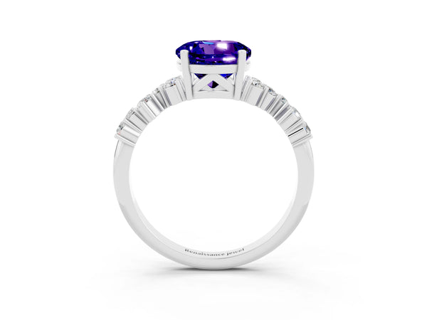 Platinum Round Cut Tanzanite Scattered Round Accent Ring with Prong Setting