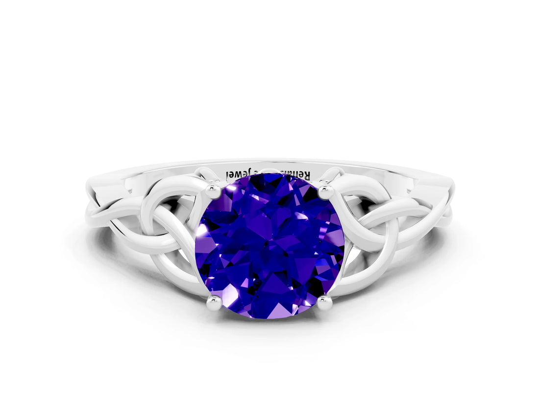 White gold Round Cut Tanzanite Solitaire Celtic Knot Ring with Four-Prong Setting_12