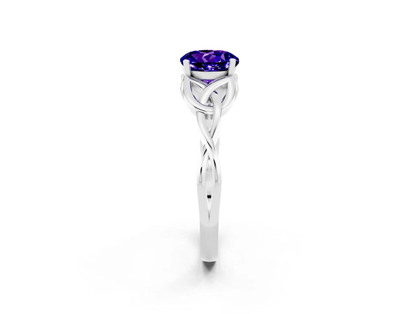 White gold Round Cut Tanzanite Solitaire Celtic Knot Ring with Four-Prong Setting