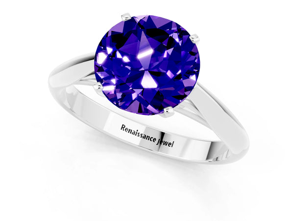 Platinum Round Cut Tanzanite Solitaire Engagement Ring with Cathedral Setting and Four-Prong Mount