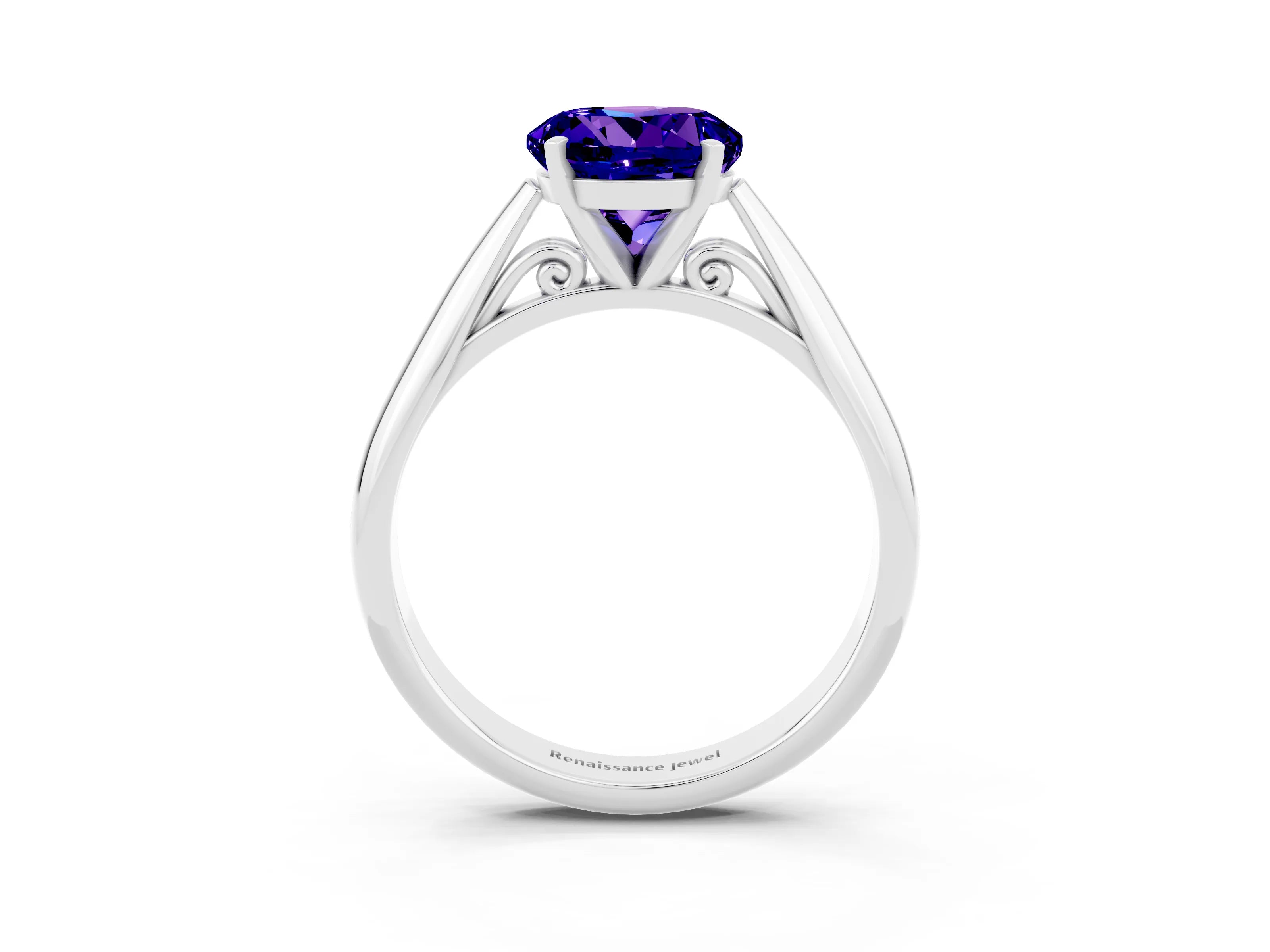 White gold Round Cut Tanzanite Solitaire Engagement Ring with Cathedral Setting and Four-Prong Mount_15