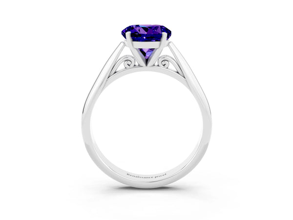 White gold Round Cut Tanzanite Solitaire Engagement Ring with Cathedral Setting and Four-Prong Mount