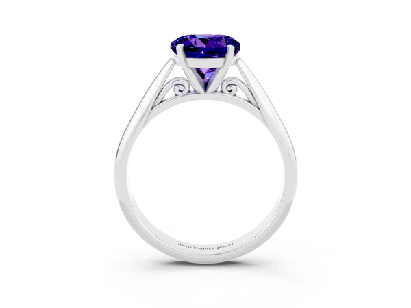 Silver Round Cut Tanzanite Solitaire Engagement Ring with Cathedral Setting and Four-Prong Mount