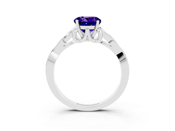 Platinum Round Cut Tanzanite Solitaire Engagement Ring with Celtic Knot Band and Four-Prong Setting