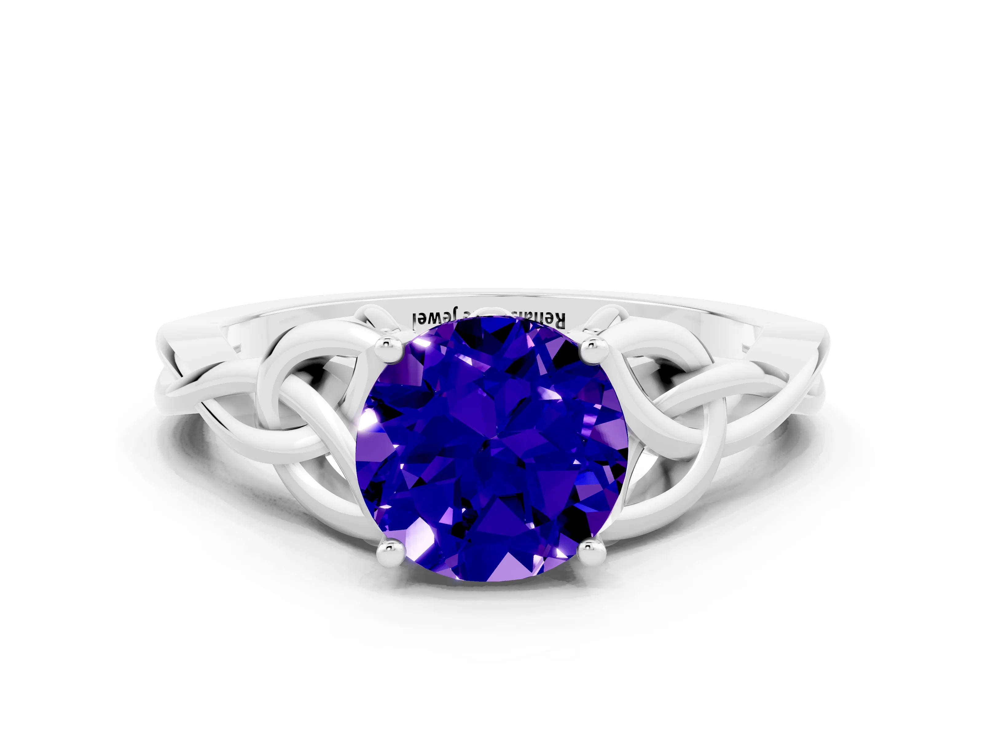 White gold Round Cut Tanzanite Solitaire Engagement Ring with Celtic Knot Band and Four-Prong Setting