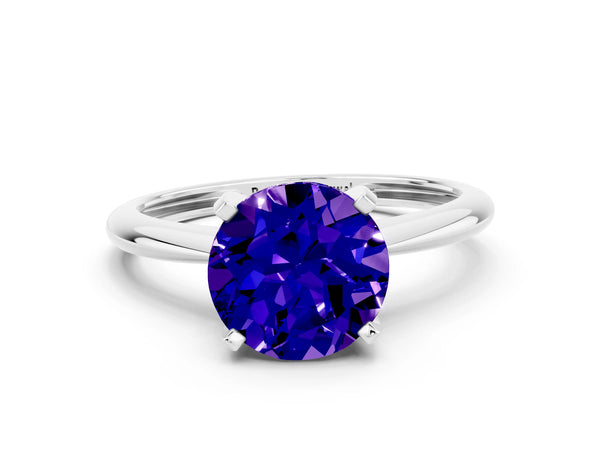 White gold Round Cut Tanzanite Solitaire Engagement Ring with Classic Band and Four-Prong Setting