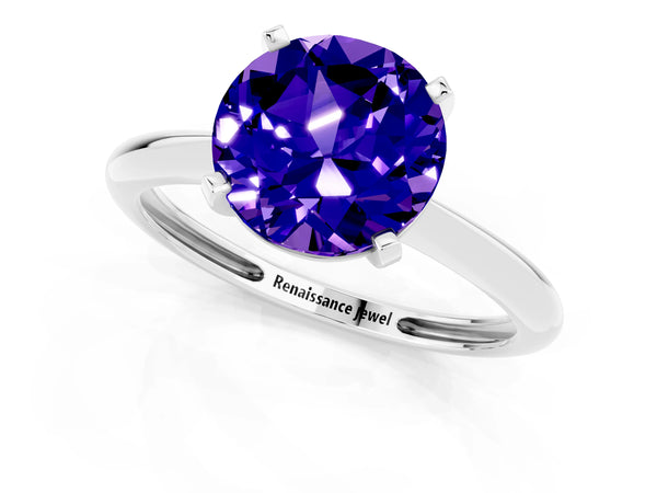 White gold Round Cut Tanzanite Solitaire Engagement Ring with Classic Band and Four-Prong Setting