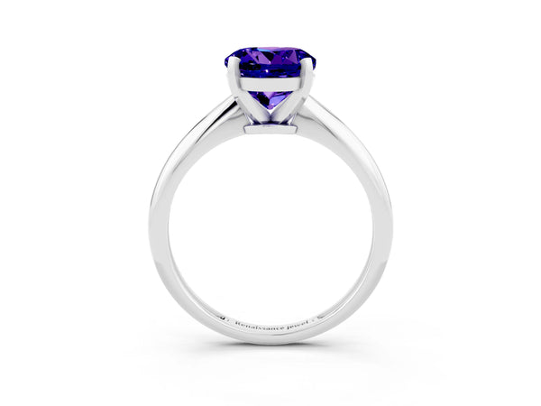 White gold Round Cut Tanzanite Solitaire Engagement Ring with Classic Band and Four-Prong Setting