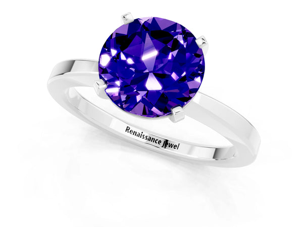 Silver Round Cut Tanzanite Solitaire Engagement Ring with Classic Band and Four-Prong Setting