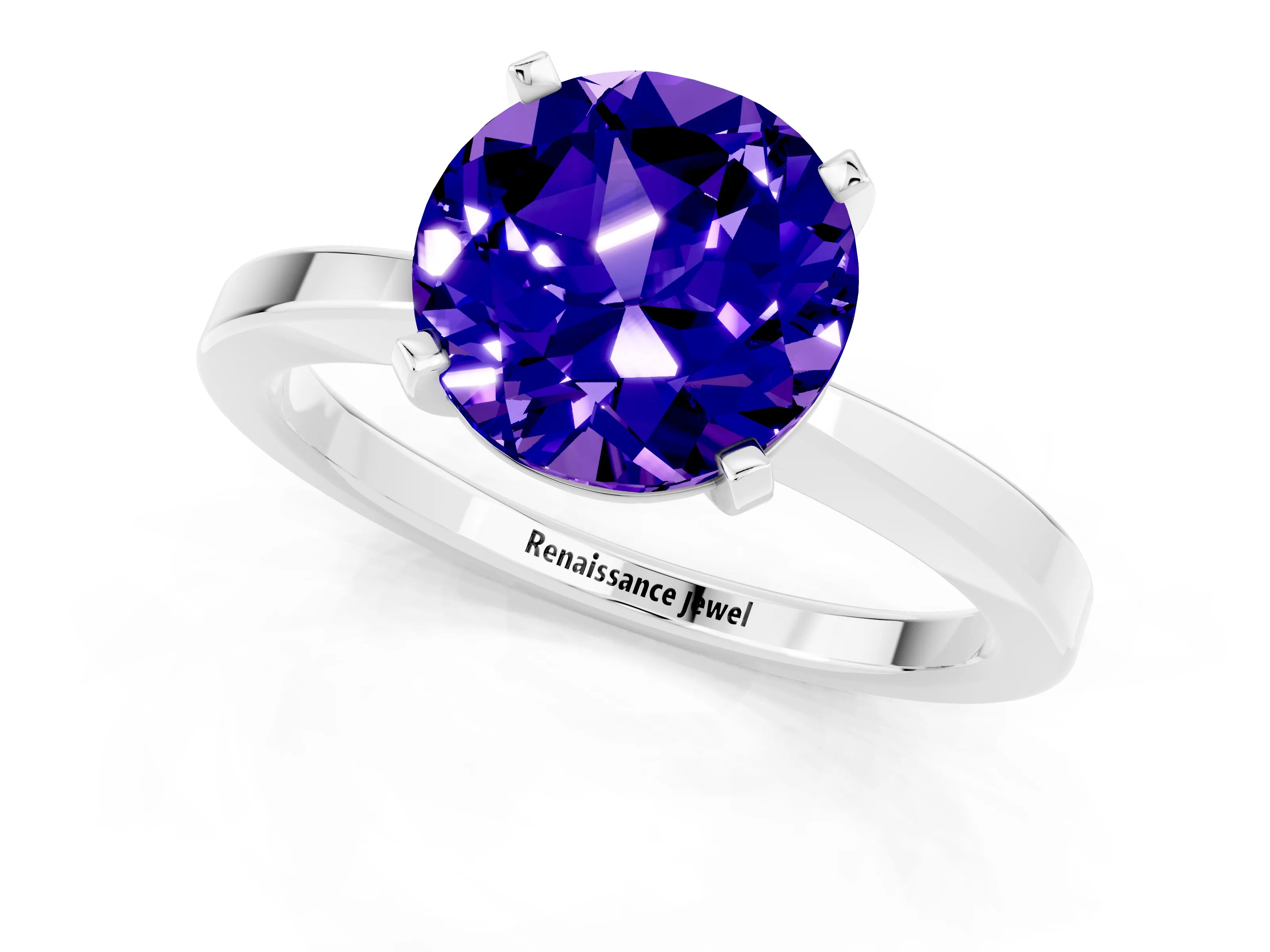 White gold Round Cut Tanzanite Solitaire Engagement Ring with Classic Band and Four-Prong Setting_25