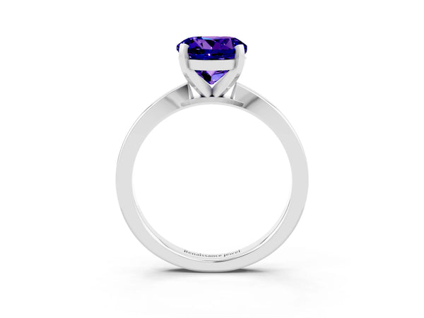 Silver Round Cut Tanzanite Solitaire Engagement Ring with Classic Band and Four-Prong Setting