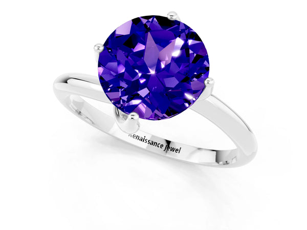 Platinum Round Cut Tanzanite Solitaire Engagement Ring with Four-Prong Setting and Classic Band