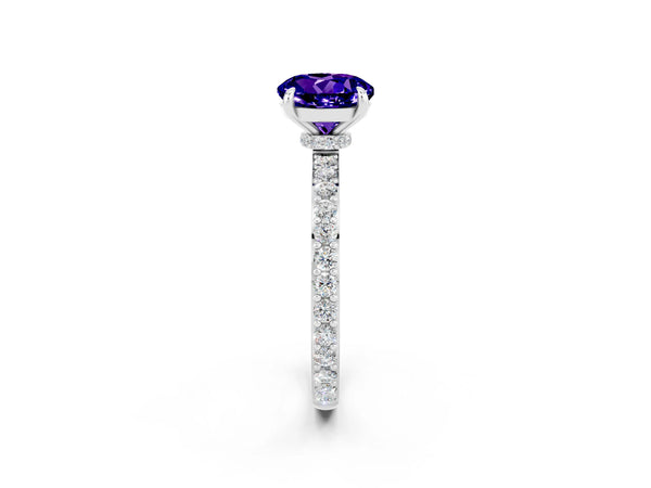 White gold Round Cut Tanzanite Solitaire Engagement Ring with Pavé Band and Four-Prong Setting