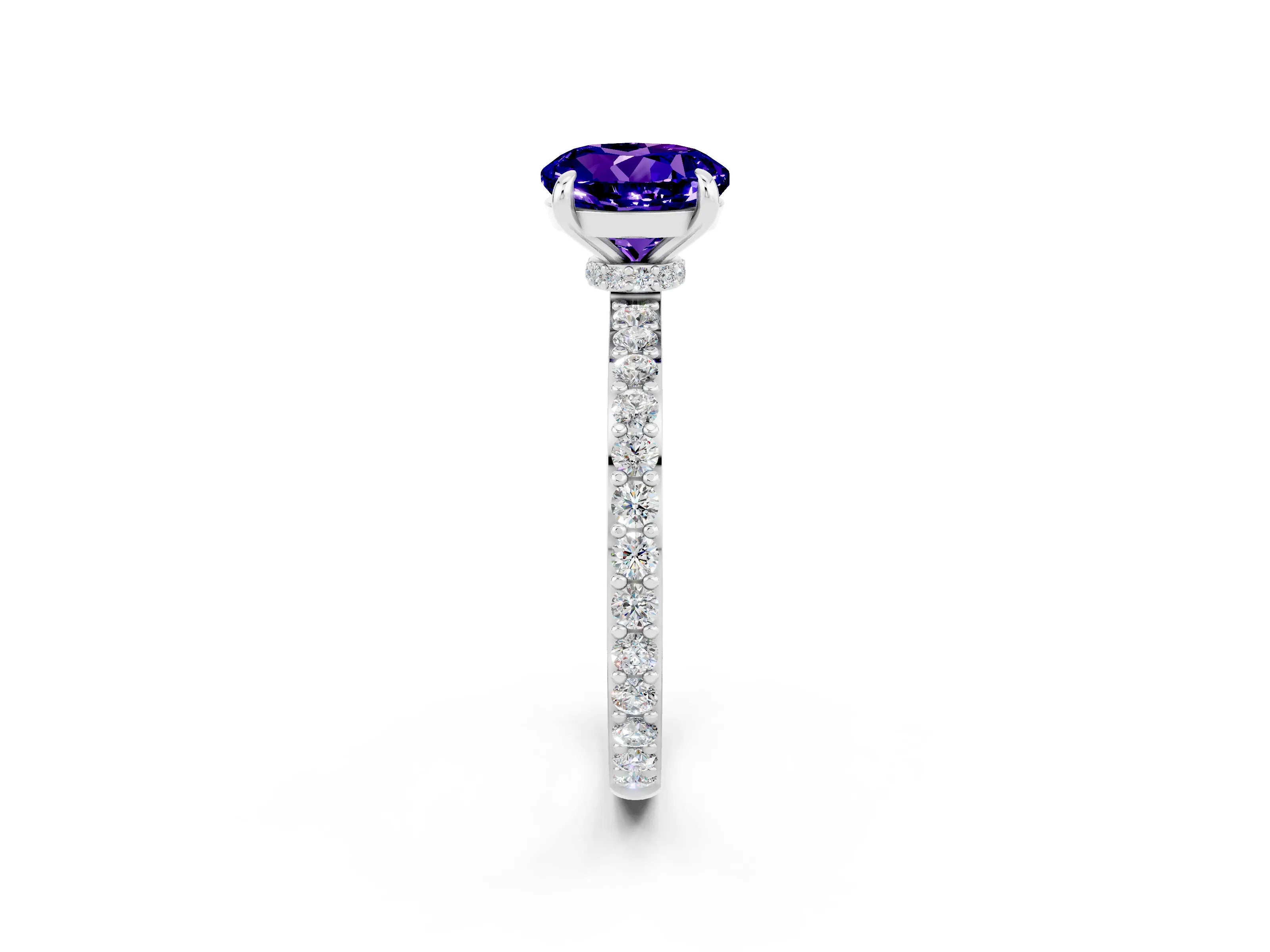 White gold Round Cut Tanzanite Solitaire Engagement Ring with Pavé Band and Four-Prong Setting_2