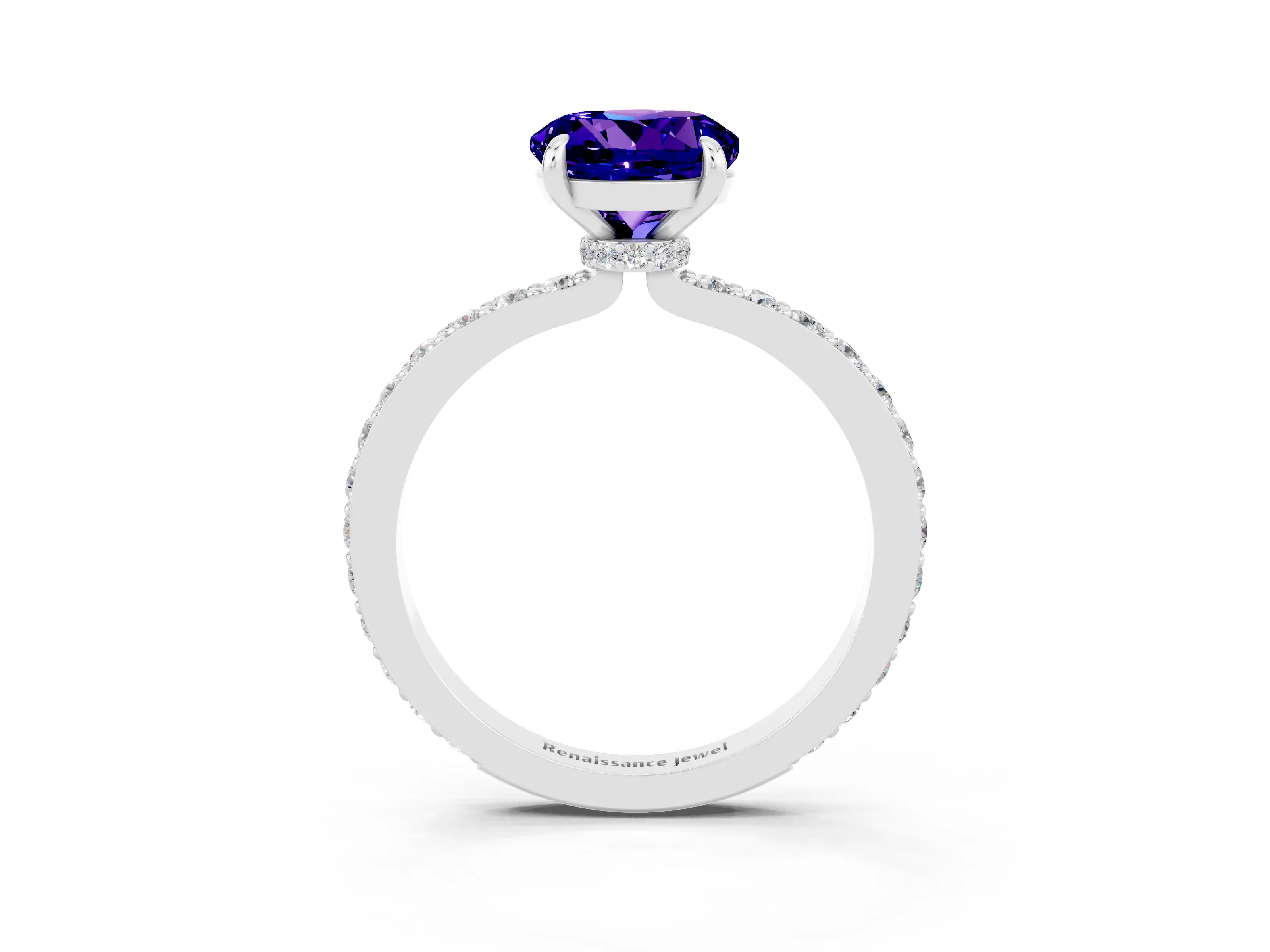 White gold Round Cut Tanzanite Solitaire Engagement Ring with Pavé Band and Four-Prong Setting_3