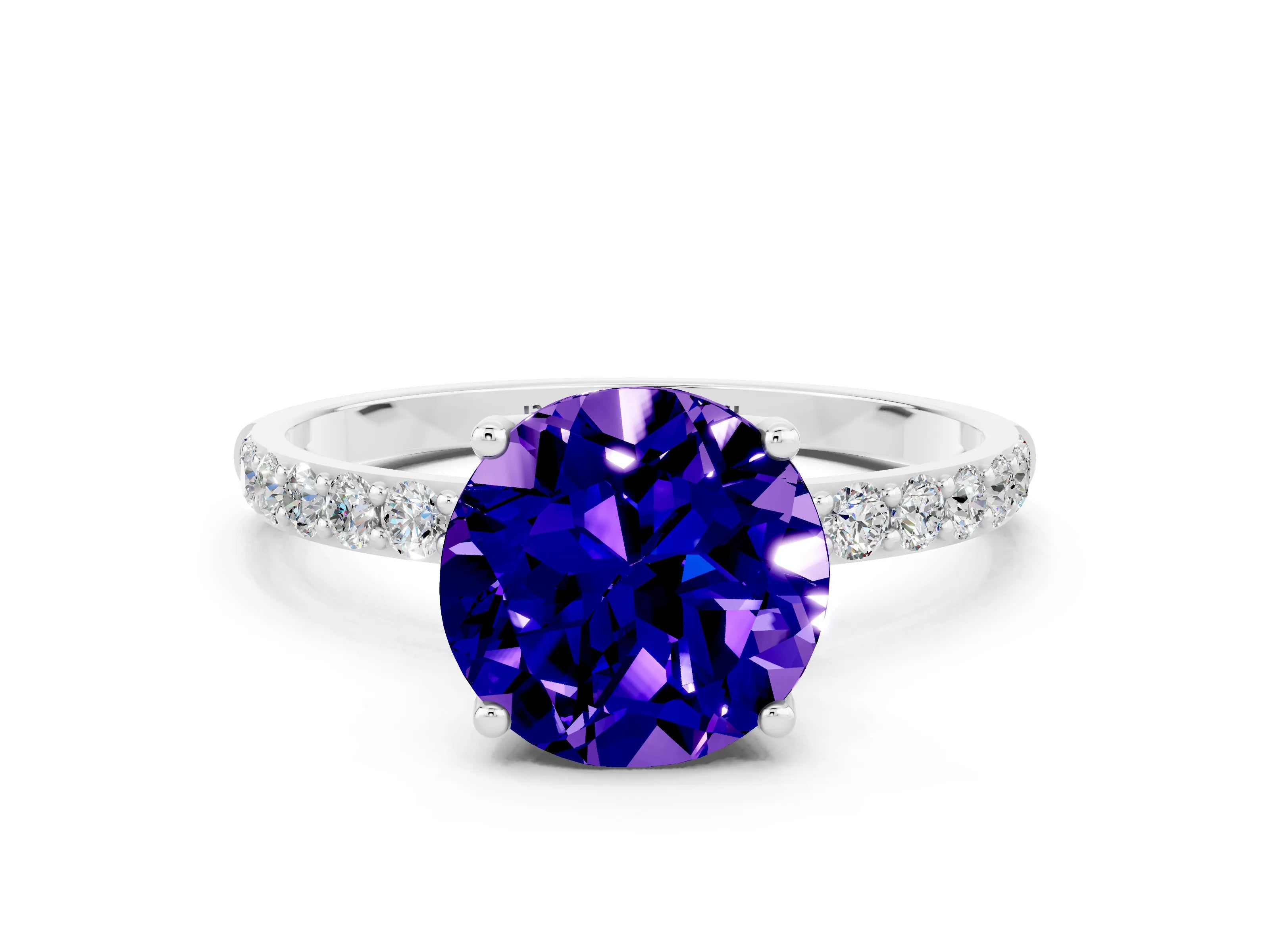 White gold Round Cut Tanzanite Solitaire Engagement Ring with Pavé Band and Prong Setting
