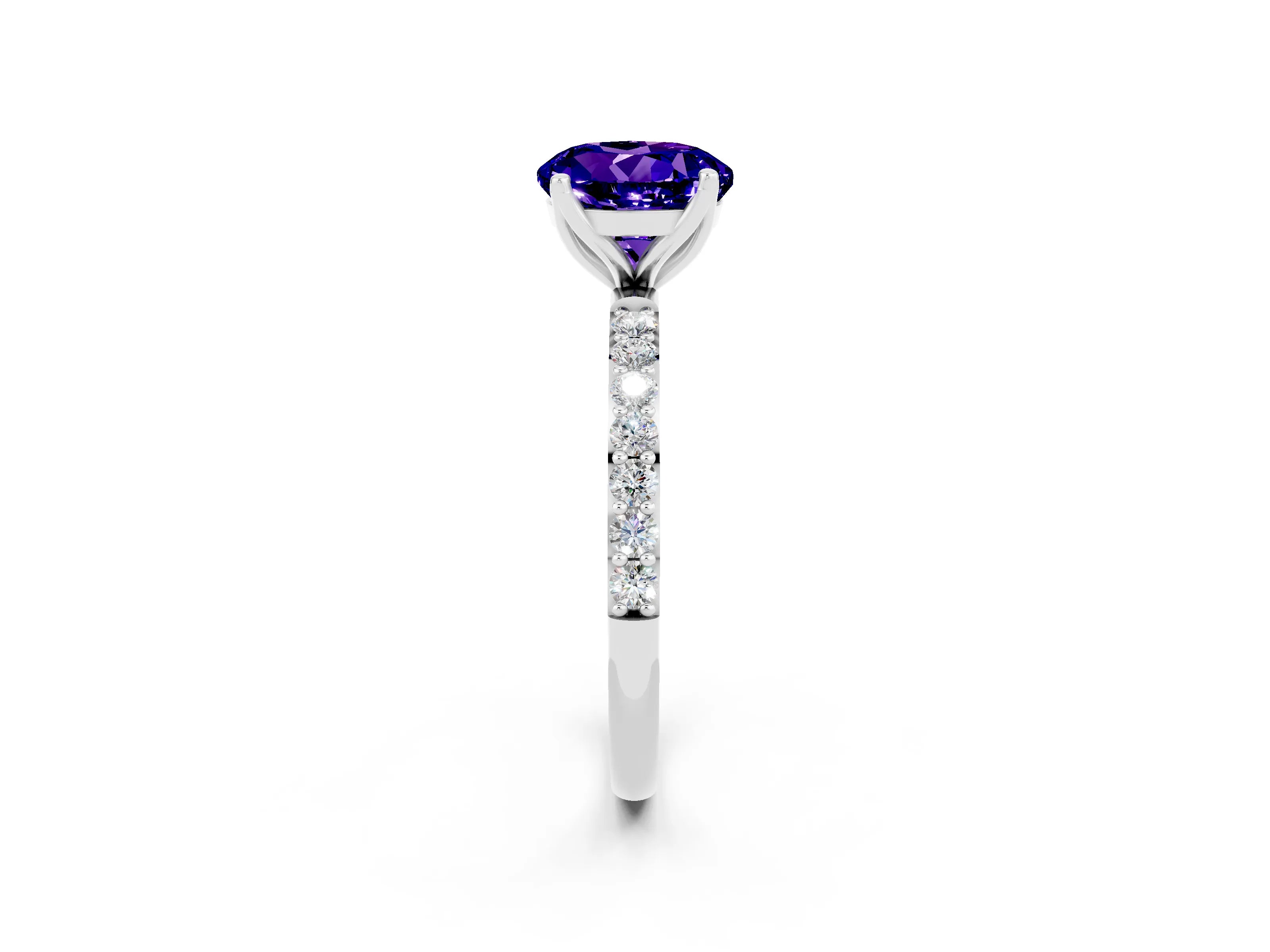 White gold Round Cut Tanzanite Solitaire Engagement Ring with Pavé Band and Prong Setting_2