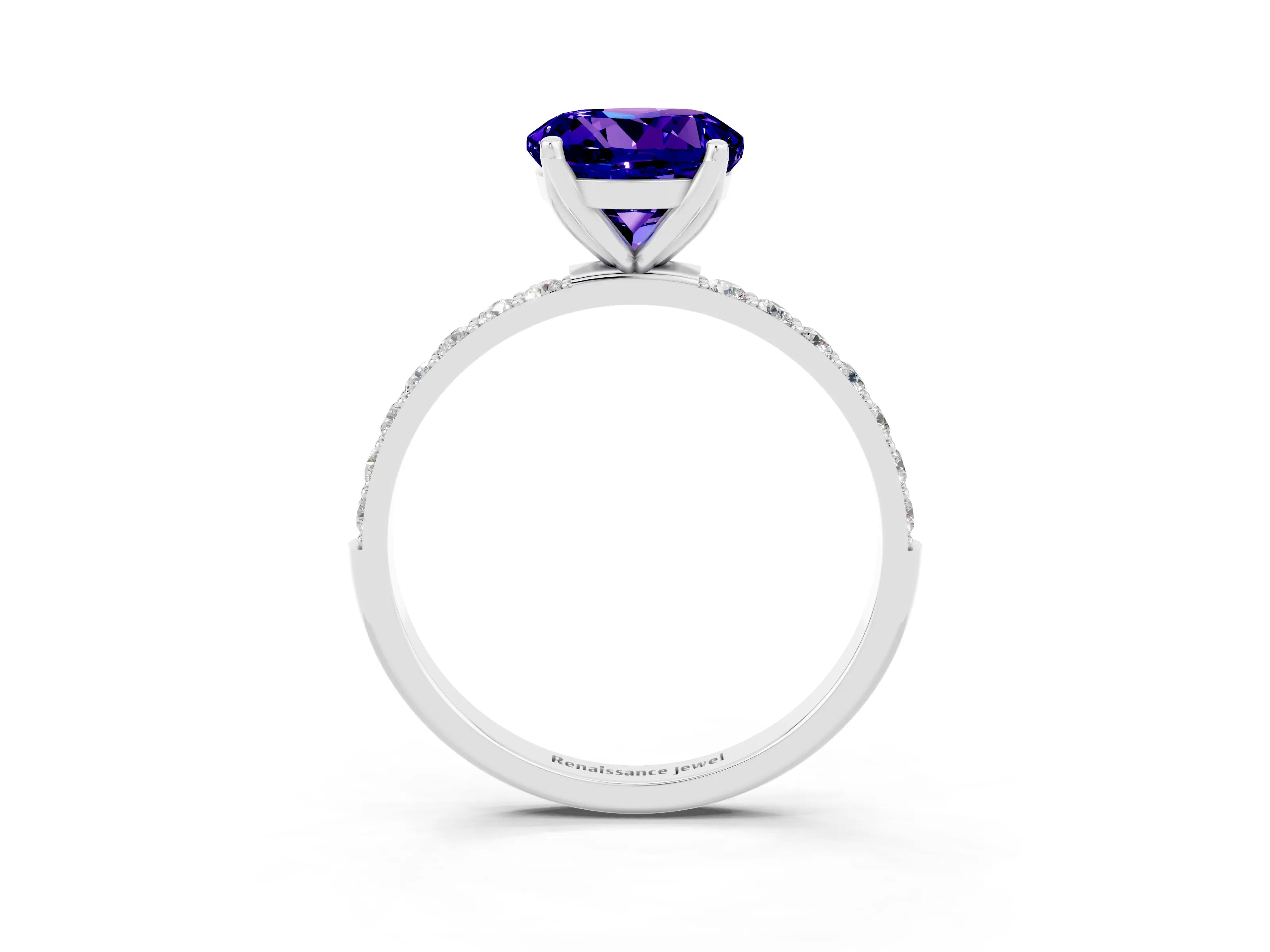 White gold Round Cut Tanzanite Solitaire Engagement Ring with Pavé Band and Prong Setting_3