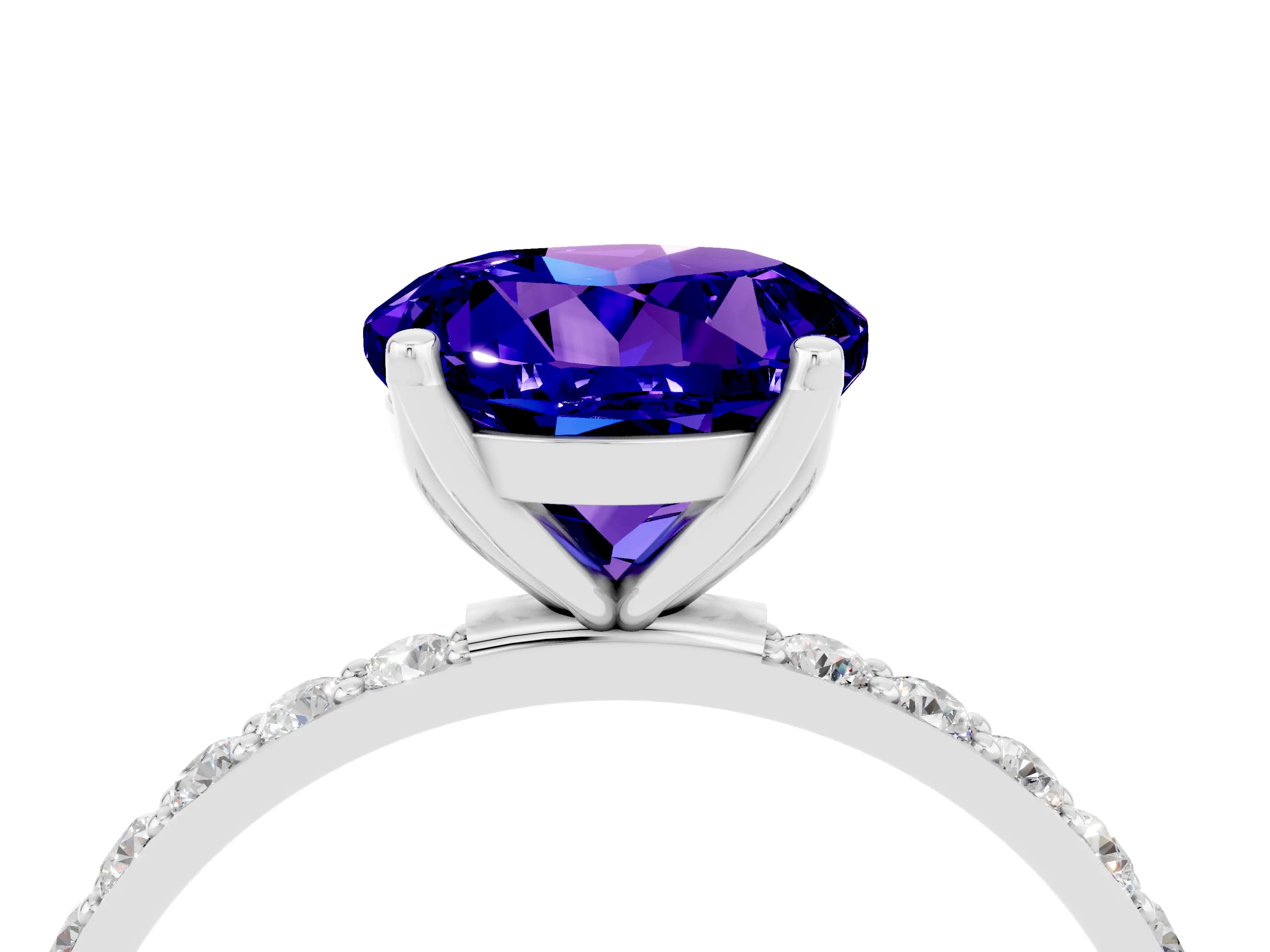 White gold Round Cut Tanzanite Solitaire Engagement Ring with Pavé Band and Prong Setting_4