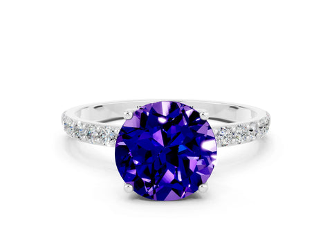 White gold Round Cut Tanzanite Solitaire Engagement Ring with Pavé Band and Prong Setting