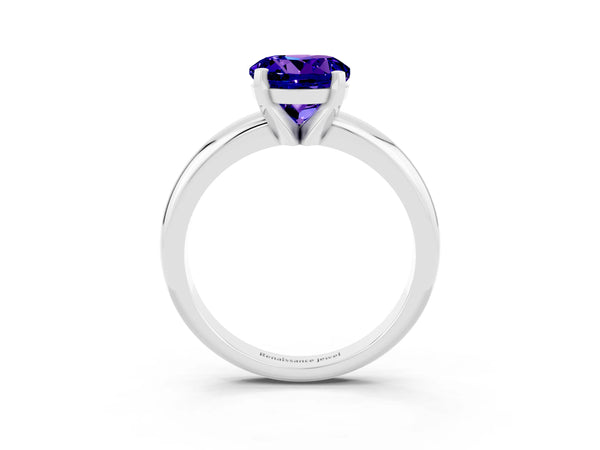 Platinum Round Cut Tanzanite Solitaire Engagement Ring with Round Band and Four-Prong Setting