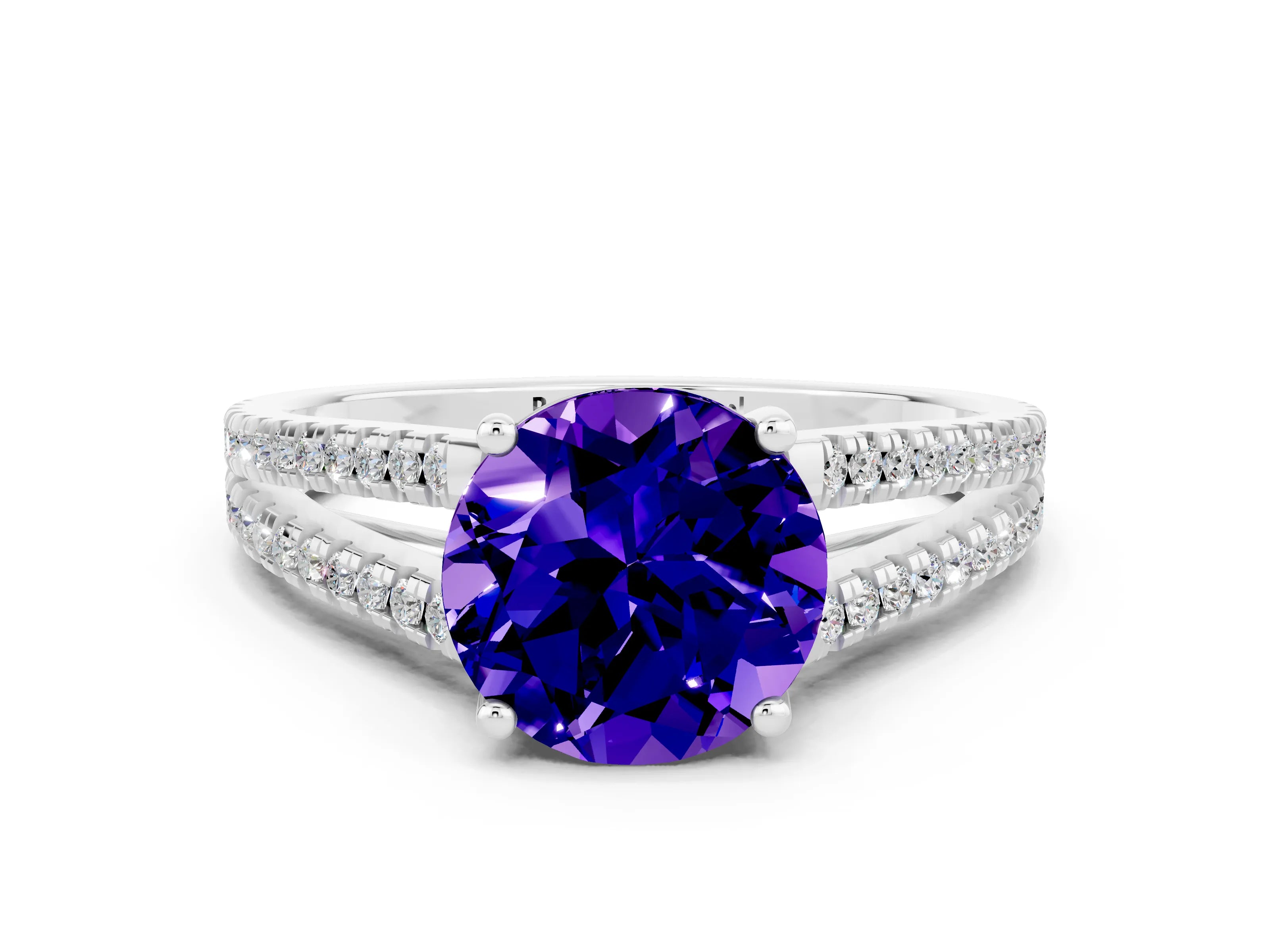 White gold Round Cut Tanzanite Solitaire Engagement Ring with Split Shank Pavé Band
